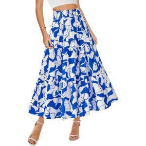 imageBTFBM Skirts for Women Floral Print Fall Fashion 2025 A Line Elastic High Waist Boho Holiday Maxi Skirt PocketsPrint Blue