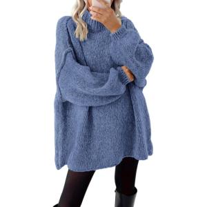 imageBTFBM Sweaters for Women Fall 2025 Long Sleeve Mock Neck Cable Knit Oversized Sweater Pullover Tops Thick Winter ClothesBlue