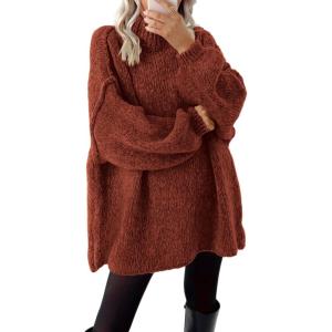 imageBTFBM Sweaters for Women Fall 2025 Long Sleeve Mock Neck Cable Knit Oversized Sweater Pullover Tops Thick Winter ClothesRust Red