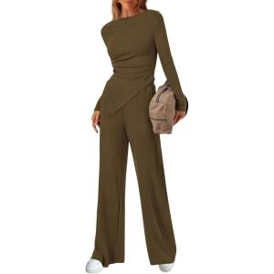 imageBTFBM Two Piece Sets For Women 2025 Asymmetrical Boat Neck Wide Leg Pants Lounge Set Airport Outfits Fall ClothesArmy Green