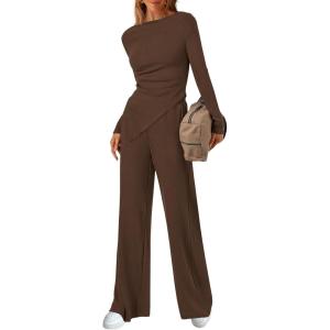 imageBTFBM Two Piece Sets For Women 2025 Asymmetrical Boat Neck Wide Leg Pants Lounge Set Airport Outfits Fall ClothesBrown
