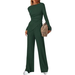 imageBTFBM Two Piece Sets For Women 2025 Asymmetrical Boat Neck Wide Leg Pants Lounge Set Airport Outfits Fall ClothesDark Green