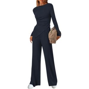 imageBTFBM Two Piece Sets For Women 2025 Asymmetrical Boat Neck Wide Leg Pants Lounge Set Airport Outfits Fall ClothesDark Sea Blue