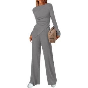 imageBTFBM Two Piece Sets For Women 2025 Asymmetrical Boat Neck Wide Leg Pants Lounge Set Airport Outfits Fall ClothesGrey