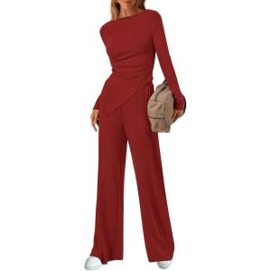 imageBTFBM Two Piece Sets For Women 2025 Asymmetrical Boat Neck Wide Leg Pants Lounge Set Airport Outfits Fall ClothesRed