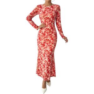 imageBTFBM Wedding Guest Dresses for Women Fall Fashion 2025 Bodycon Long Sleeve Boho Mesh Party Cocktail Floral Maxi DressApricot Red Flower