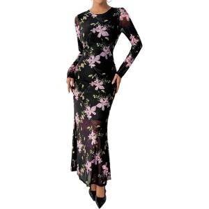 imageBTFBM Wedding Guest Dresses for Women Fall Fashion 2025 Bodycon Long Sleeve Boho Mesh Party Cocktail Floral Maxi DressBlack Pink