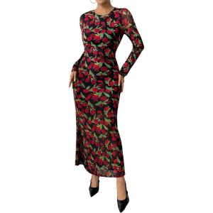 imageBTFBM Wedding Guest Dresses for Women Fall Fashion 2025 Bodycon Long Sleeve Boho Mesh Party Cocktail Floral Maxi DressBlack Red Flower