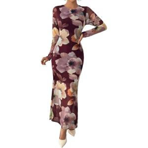 imageBTFBM Wedding Guest Dresses for Women Fall Fashion 2025 Bodycon Long Sleeve Boho Mesh Party Cocktail Floral Maxi DressBurgundy