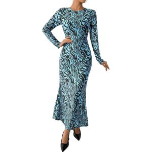 imageBTFBM Wedding Guest Dresses for Women Fall Fashion 2025 Bodycon Long Sleeve Boho Mesh Party Cocktail Floral Maxi DressFloral Blue Black