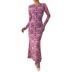 imageBTFBM Wedding Guest Dresses for Women Fall Fashion 2025 Bodycon Long Sleeve Boho Mesh Party Cocktail Floral Maxi DressLeopard