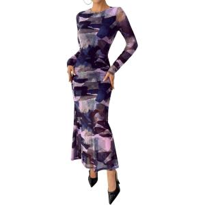 imageBTFBM Wedding Guest Dresses for Women Fall Fashion 2025 Bodycon Long Sleeve Boho Mesh Party Cocktail Floral Maxi DressNavy