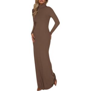 imageBTFBM Womens Dresses Long Sleeve Turtle Neck Stretchy Knit Long Maxi Semi Formal Party Fall Wedding Guest Dress 2025Brown