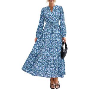 imageBTFBM Womens Fall Dresses 2025 Casual Long Sleeve Boho Floral V Neck Button Down Pockets Flowy Vacation Wedding DressBlue