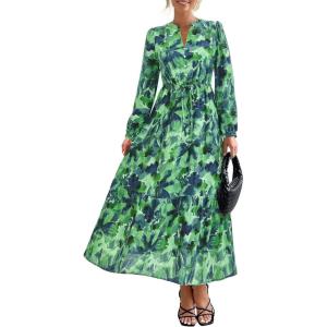 imageBTFBM Womens Fall Dresses 2025 Casual Long Sleeve Boho Floral V Neck Button Down Pockets Flowy Vacation Wedding DressGreen