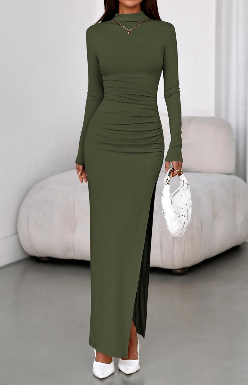 imageBTFBM Formal Dresses for Women 2025 Fall Long Sleeve Mock Neck Ruched Bodycon Slit Maxi Wedding Guest Dress CocktailArmy Green