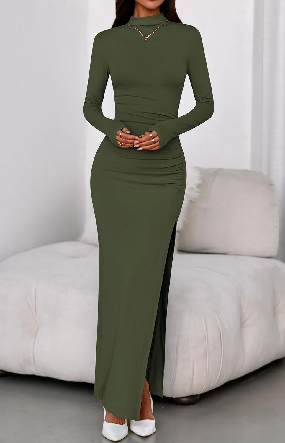 imageBTFBM Formal Dresses for Women 2025 Fall Long Sleeve Mock Neck Ruched Bodycon Slit Maxi Wedding Guest Dress CocktailArmy Green