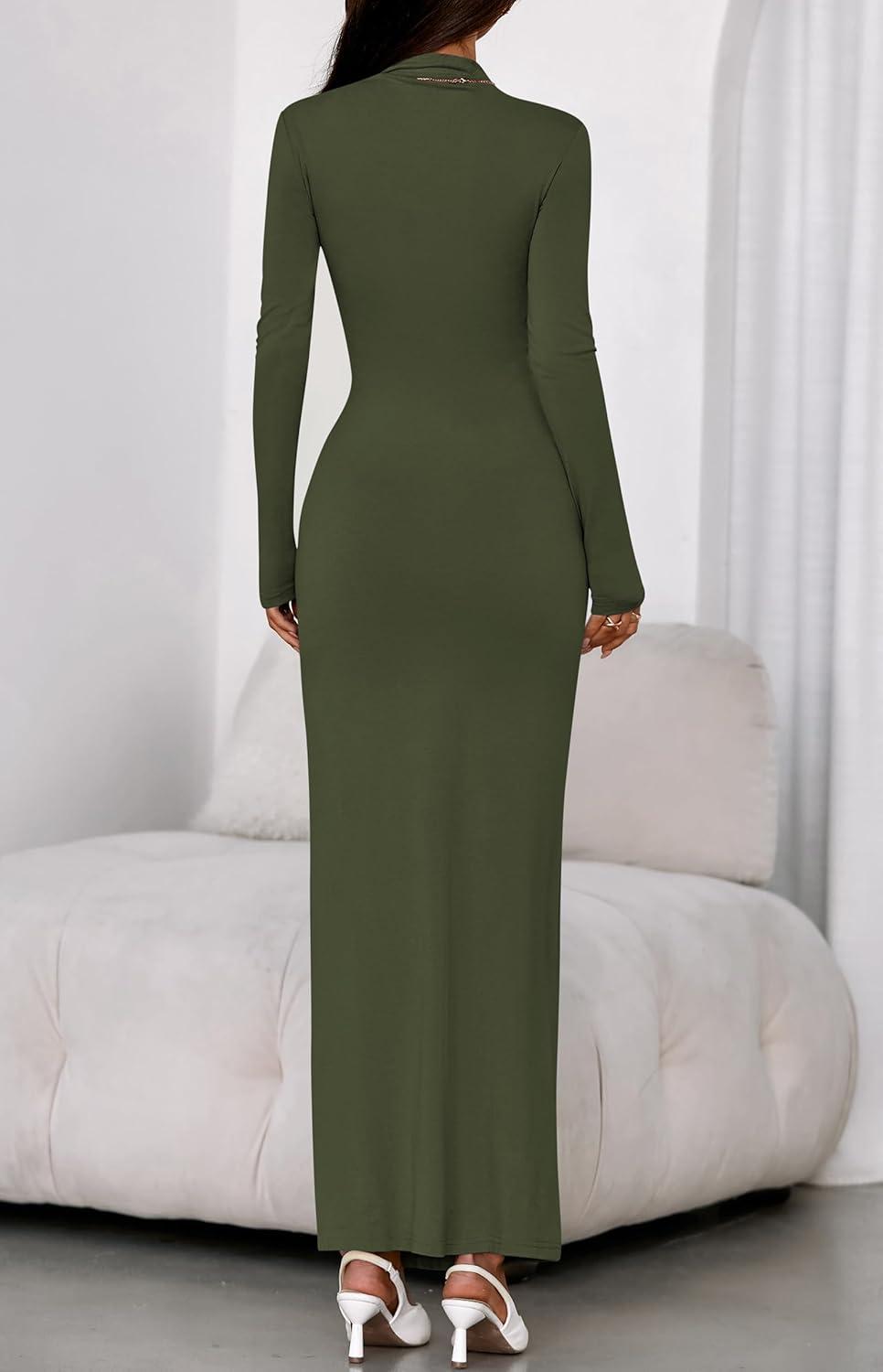 imageBTFBM Formal Dresses for Women 2025 Fall Long Sleeve Mock Neck Ruched Bodycon Slit Maxi Wedding Guest Dress CocktailArmy Green