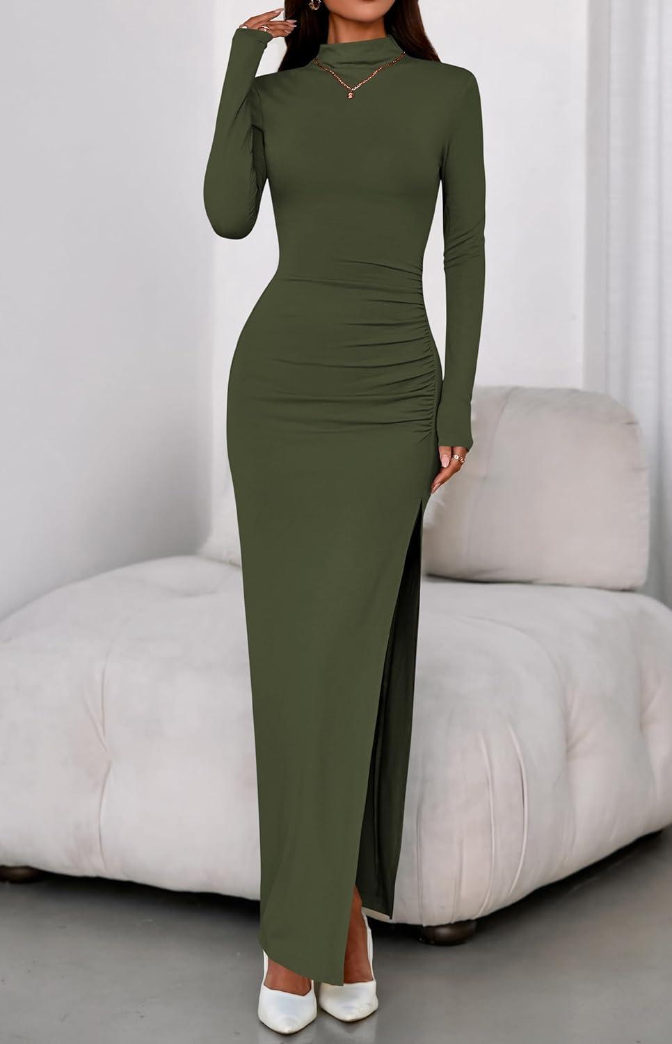 imageBTFBM Formal Dresses for Women 2025 Fall Long Sleeve Mock Neck Ruched Bodycon Slit Maxi Wedding Guest Dress CocktailArmy Green