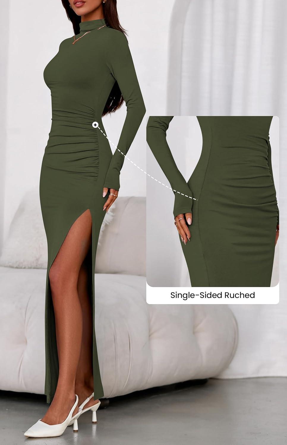 imageBTFBM Formal Dresses for Women 2025 Fall Long Sleeve Mock Neck Ruched Bodycon Slit Maxi Wedding Guest Dress CocktailArmy Green