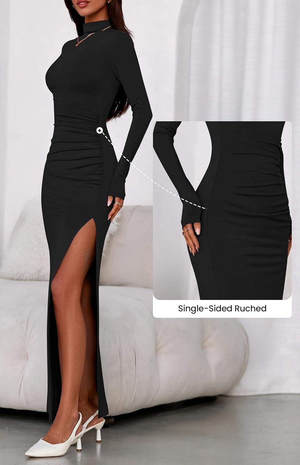 imageBTFBM Formal Dresses for Women 2025 Fall Long Sleeve Mock Neck Ruched Bodycon Slit Maxi Wedding Guest Dress CocktailBlack