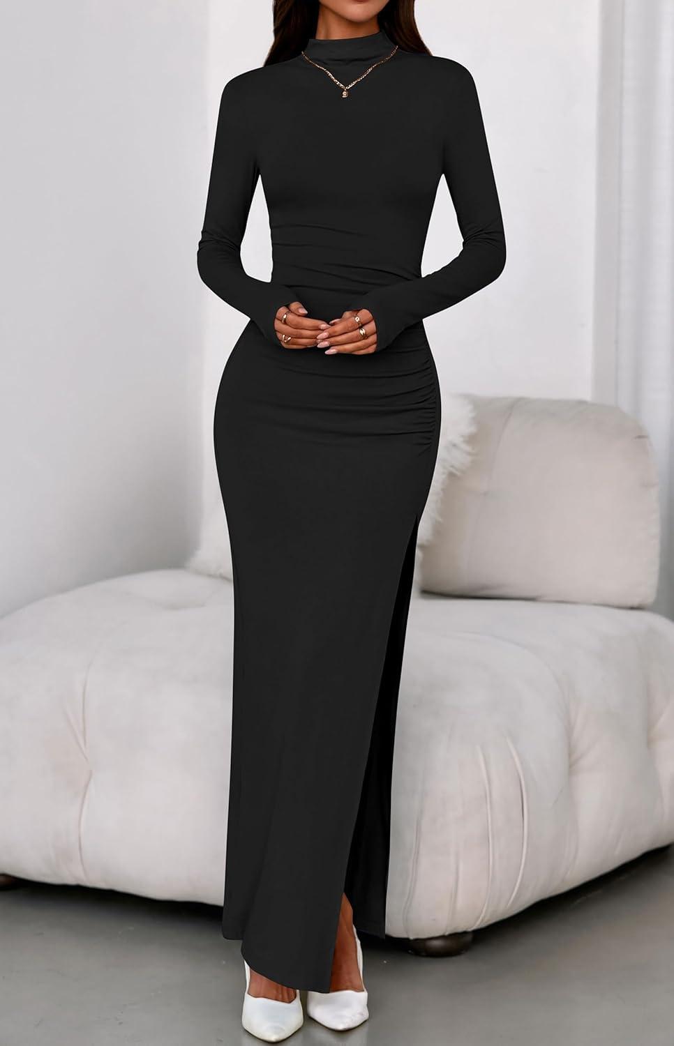 imageBTFBM Formal Dresses for Women 2025 Fall Long Sleeve Mock Neck Ruched Bodycon Slit Maxi Wedding Guest Dress CocktailBlack
