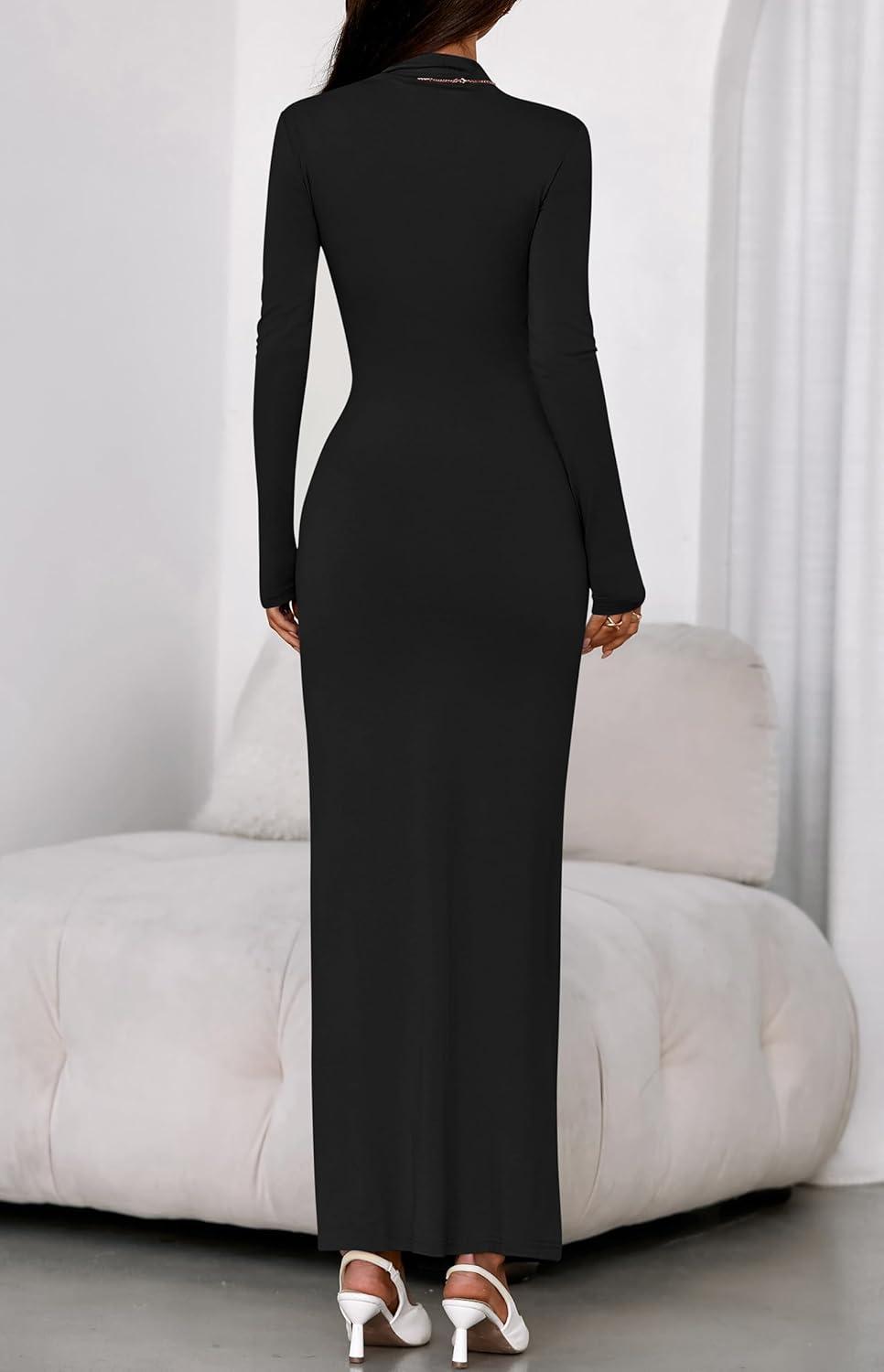 imageBTFBM Formal Dresses for Women 2025 Fall Long Sleeve Mock Neck Ruched Bodycon Slit Maxi Wedding Guest Dress CocktailBlack