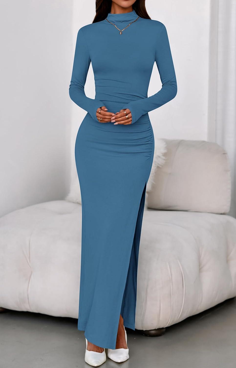 imageBTFBM Formal Dresses for Women 2025 Fall Long Sleeve Mock Neck Ruched Bodycon Slit Maxi Wedding Guest Dress CocktailBlue