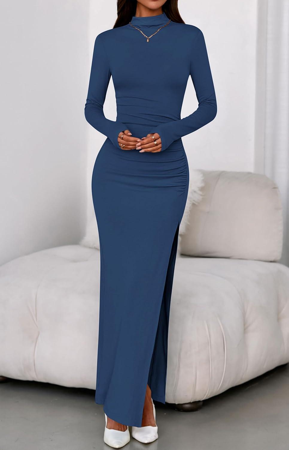 imageBTFBM Formal Dresses for Women 2025 Fall Long Sleeve Mock Neck Ruched Bodycon Slit Maxi Wedding Guest Dress CocktailDark Blue