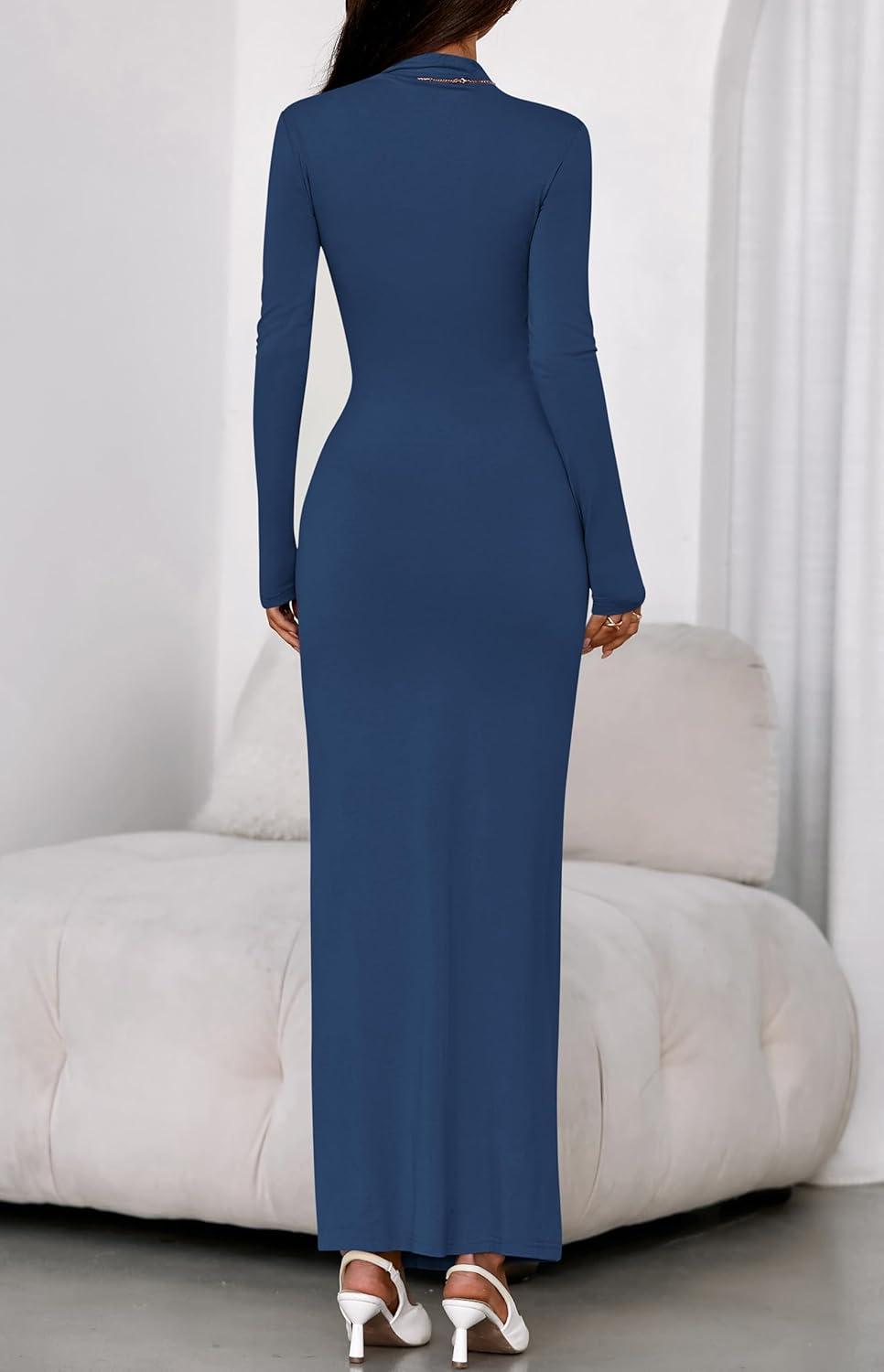 imageBTFBM Formal Dresses for Women 2025 Fall Long Sleeve Mock Neck Ruched Bodycon Slit Maxi Wedding Guest Dress CocktailDark Blue