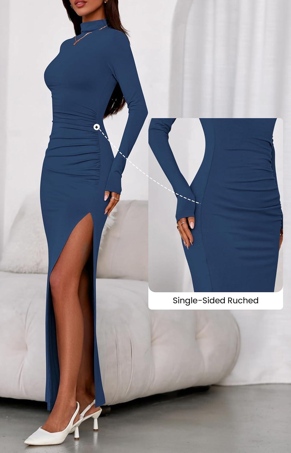 imageBTFBM Formal Dresses for Women 2025 Fall Long Sleeve Mock Neck Ruched Bodycon Slit Maxi Wedding Guest Dress CocktailDark Blue