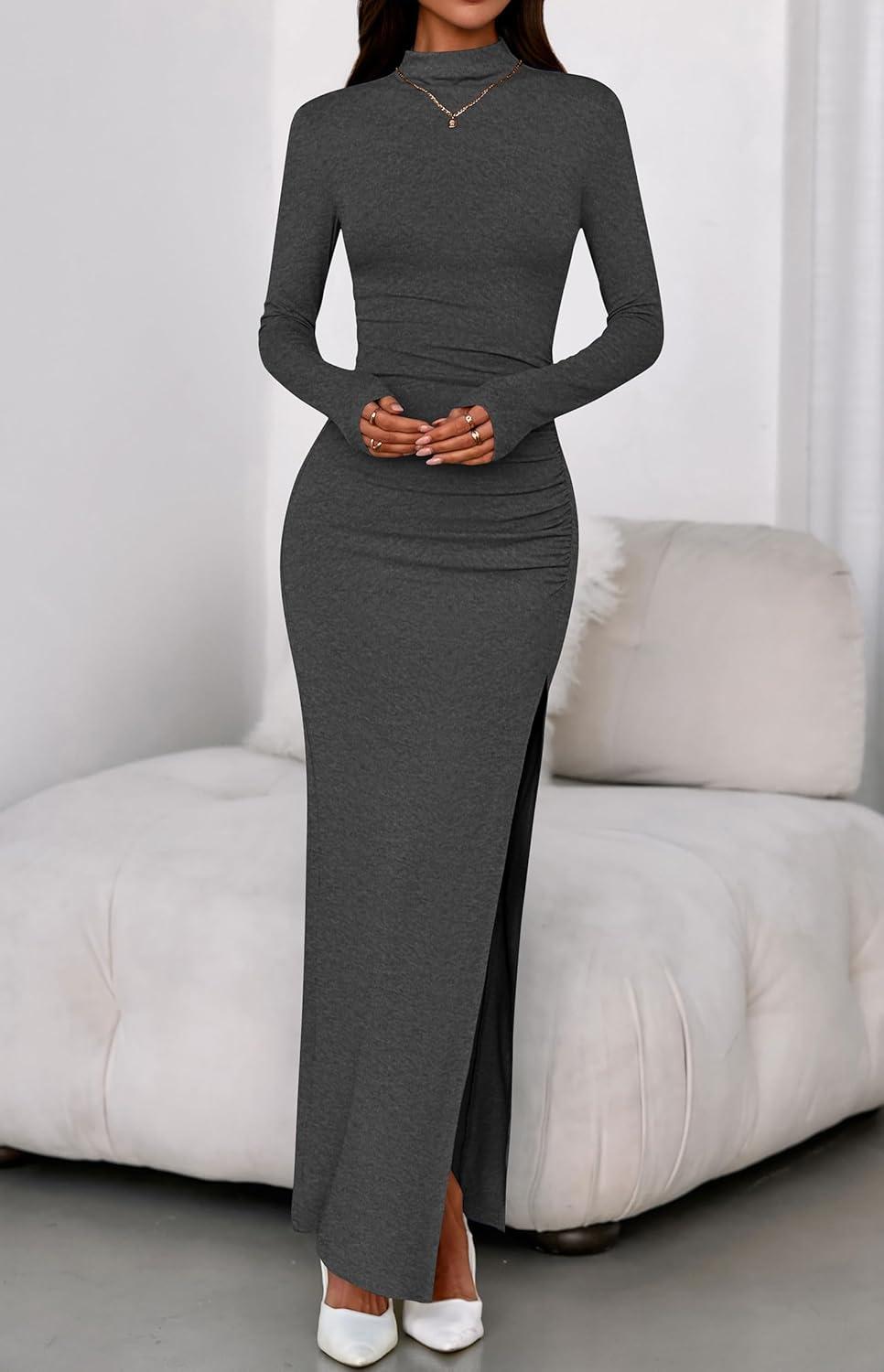 imageBTFBM Formal Dresses for Women 2025 Fall Long Sleeve Mock Neck Ruched Bodycon Slit Maxi Wedding Guest Dress CocktailDark Grey