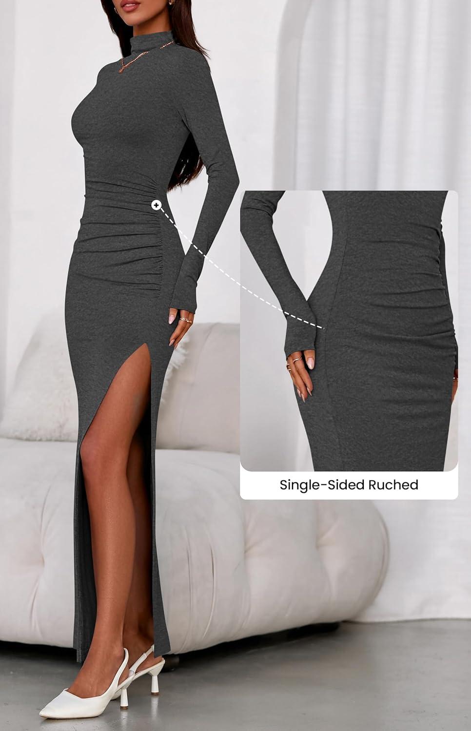 imageBTFBM Formal Dresses for Women 2025 Fall Long Sleeve Mock Neck Ruched Bodycon Slit Maxi Wedding Guest Dress CocktailDark Grey