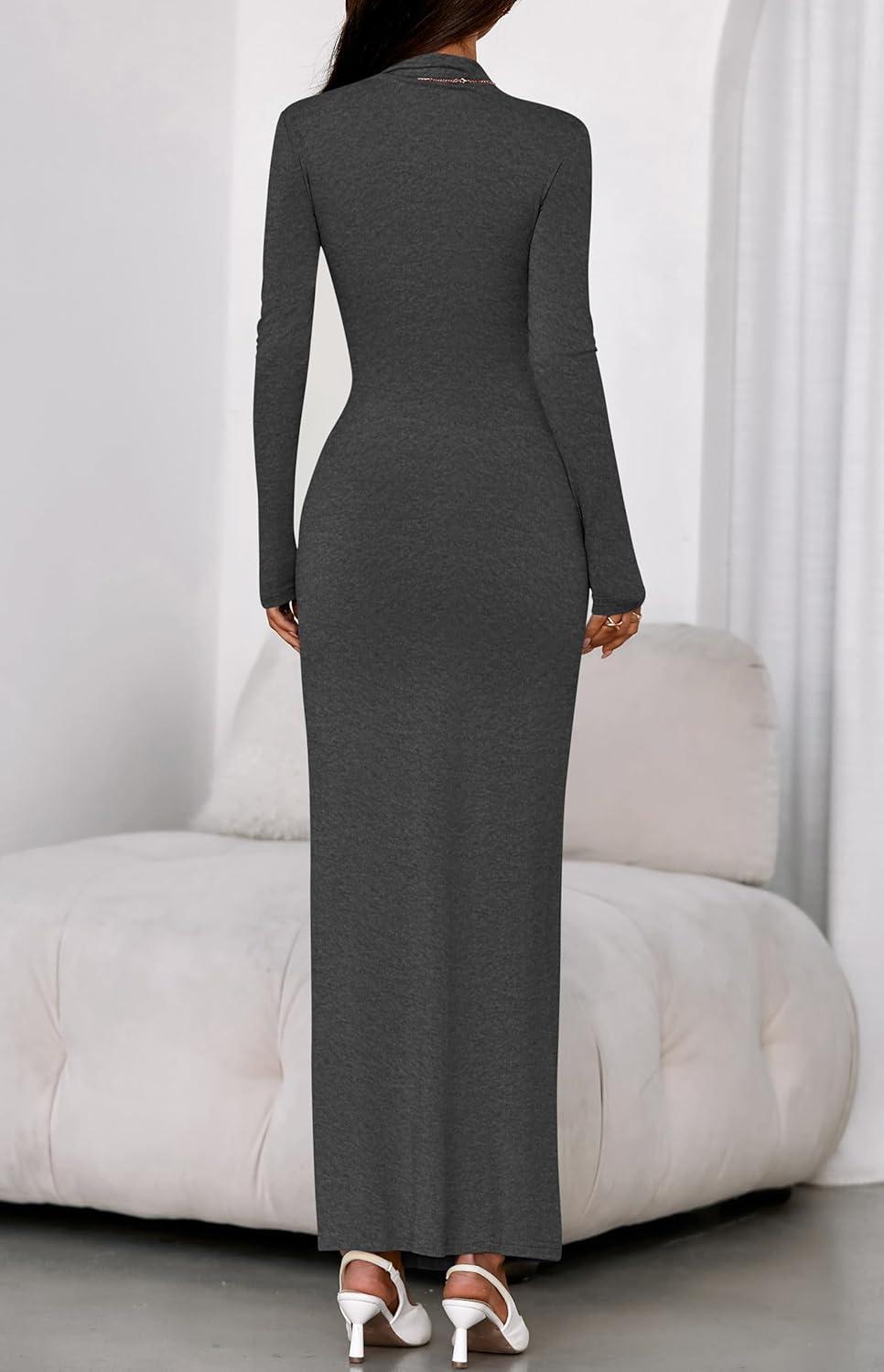 imageBTFBM Formal Dresses for Women 2025 Fall Long Sleeve Mock Neck Ruched Bodycon Slit Maxi Wedding Guest Dress CocktailDark Grey