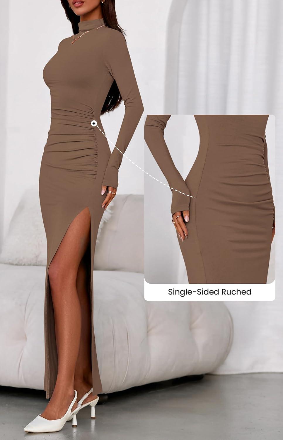 imageBTFBM Formal Dresses for Women 2025 Fall Long Sleeve Mock Neck Ruched Bodycon Slit Maxi Wedding Guest Dress CocktailKhaki