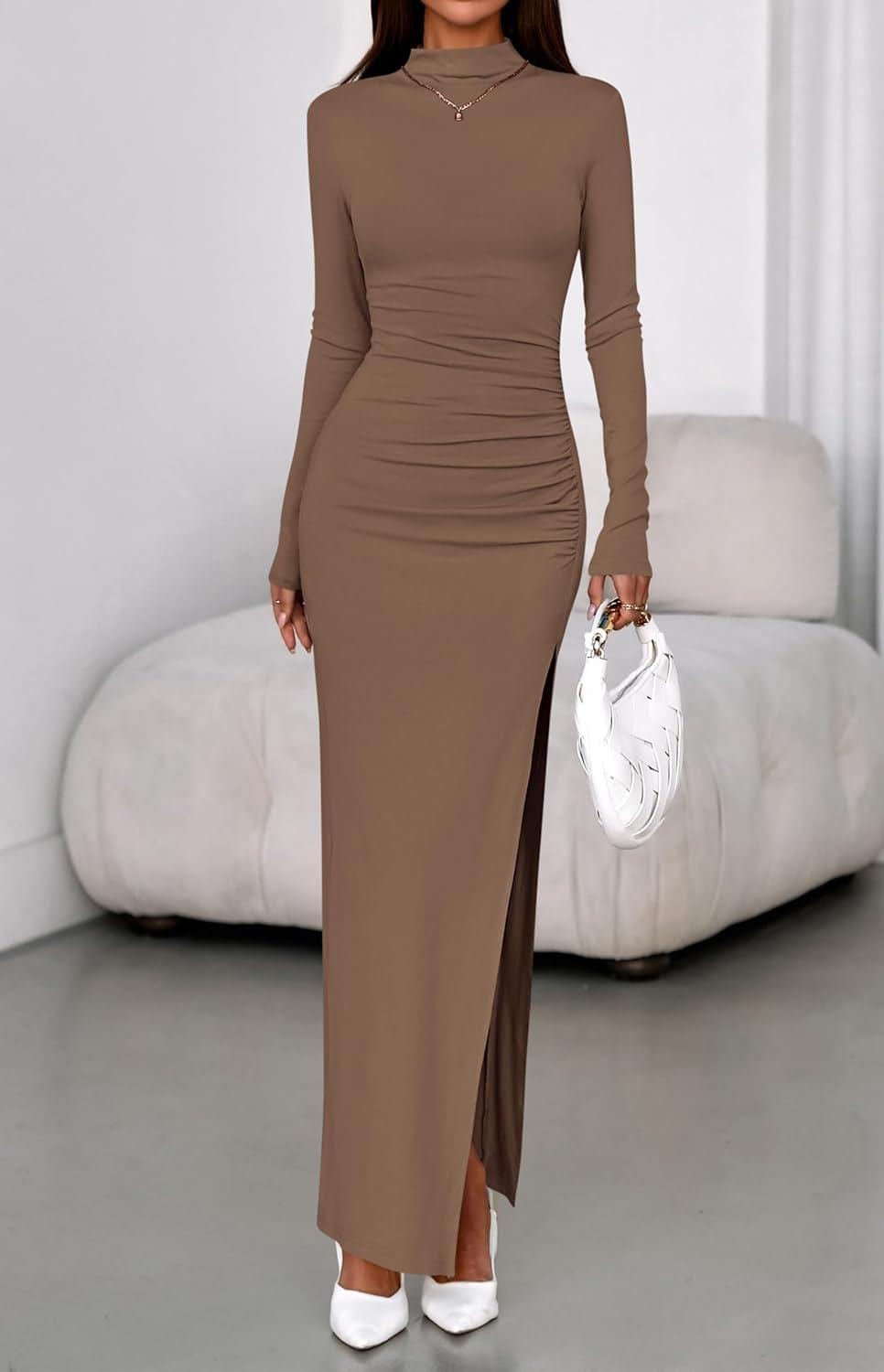 imageBTFBM Formal Dresses for Women 2025 Fall Long Sleeve Mock Neck Ruched Bodycon Slit Maxi Wedding Guest Dress CocktailKhaki