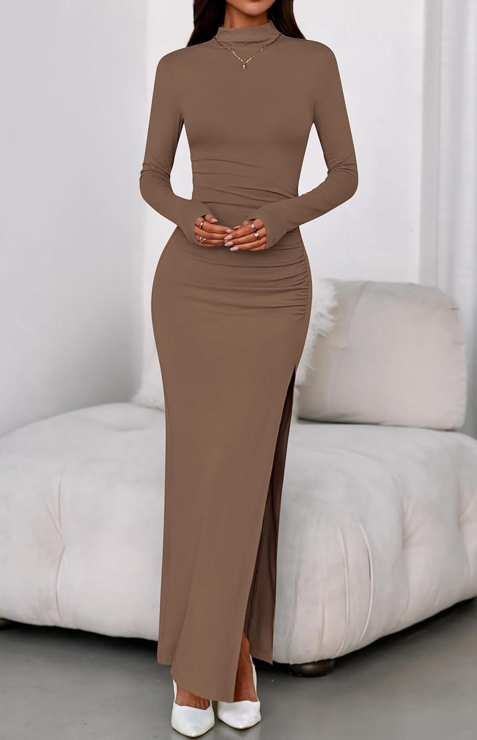 imageBTFBM Formal Dresses for Women 2025 Fall Long Sleeve Mock Neck Ruched Bodycon Slit Maxi Wedding Guest Dress CocktailKhaki