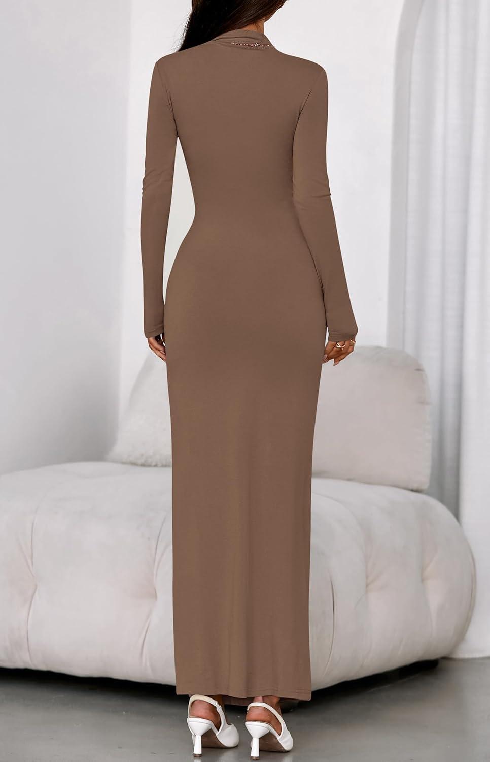 imageBTFBM Formal Dresses for Women 2025 Fall Long Sleeve Mock Neck Ruched Bodycon Slit Maxi Wedding Guest Dress CocktailKhaki