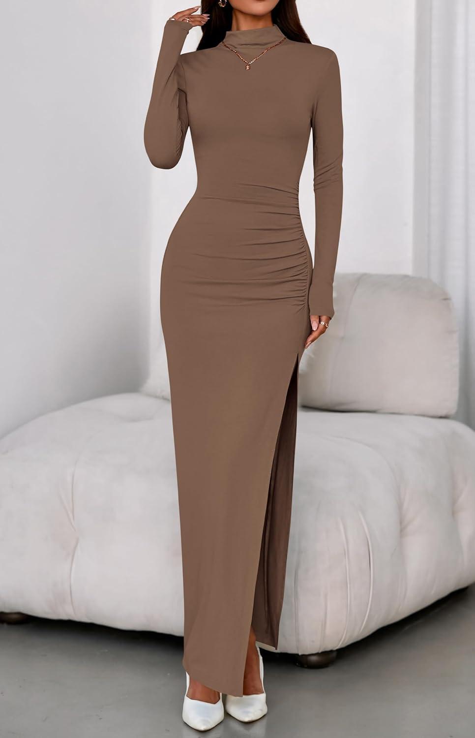 imageBTFBM Formal Dresses for Women 2025 Fall Long Sleeve Mock Neck Ruched Bodycon Slit Maxi Wedding Guest Dress CocktailKhaki
