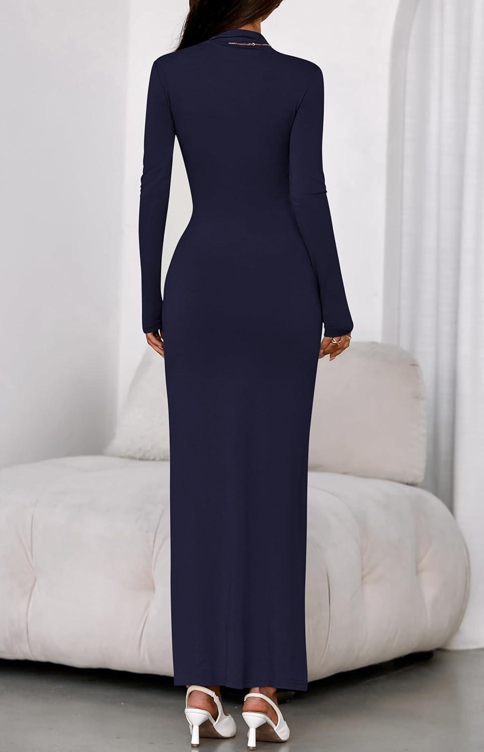 imageBTFBM Formal Dresses for Women 2025 Fall Long Sleeve Mock Neck Ruched Bodycon Slit Maxi Wedding Guest Dress CocktailNavy Blue