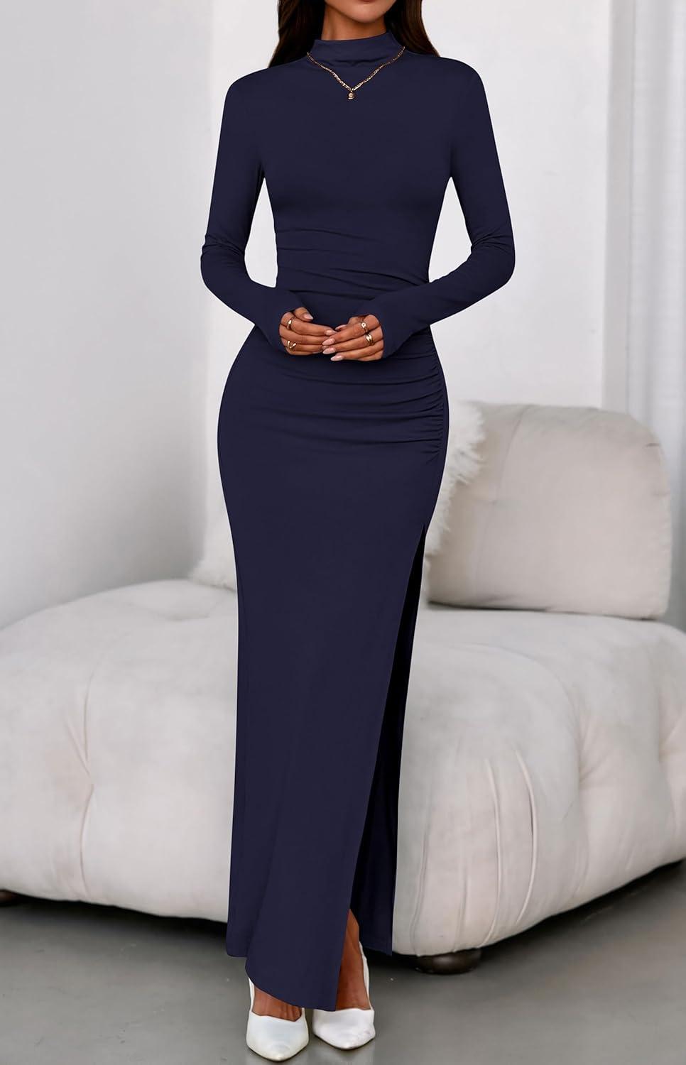 imageBTFBM Formal Dresses for Women 2025 Fall Long Sleeve Mock Neck Ruched Bodycon Slit Maxi Wedding Guest Dress CocktailNavy Blue