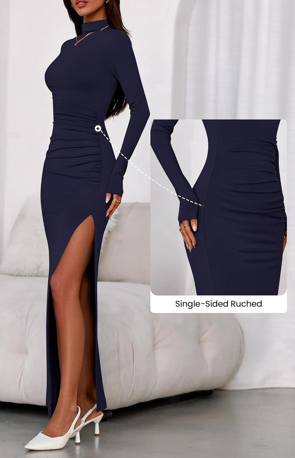 imageBTFBM Formal Dresses for Women 2025 Fall Long Sleeve Mock Neck Ruched Bodycon Slit Maxi Wedding Guest Dress CocktailNavy Blue