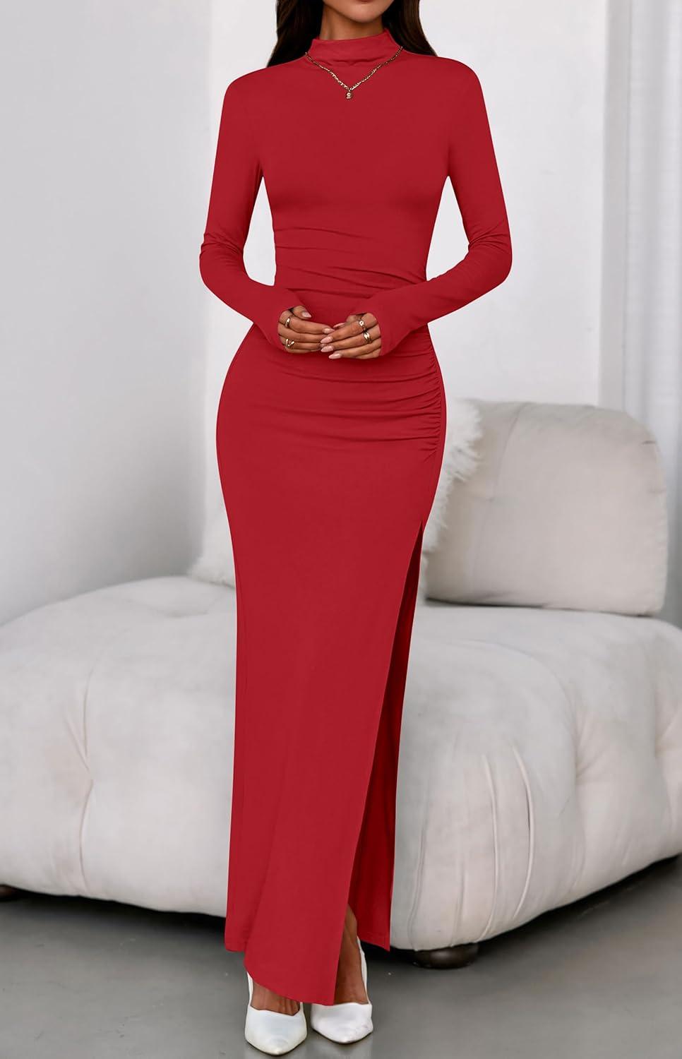 imageBTFBM Formal Dresses for Women 2025 Fall Long Sleeve Mock Neck Ruched Bodycon Slit Maxi Wedding Guest Dress CocktailRed