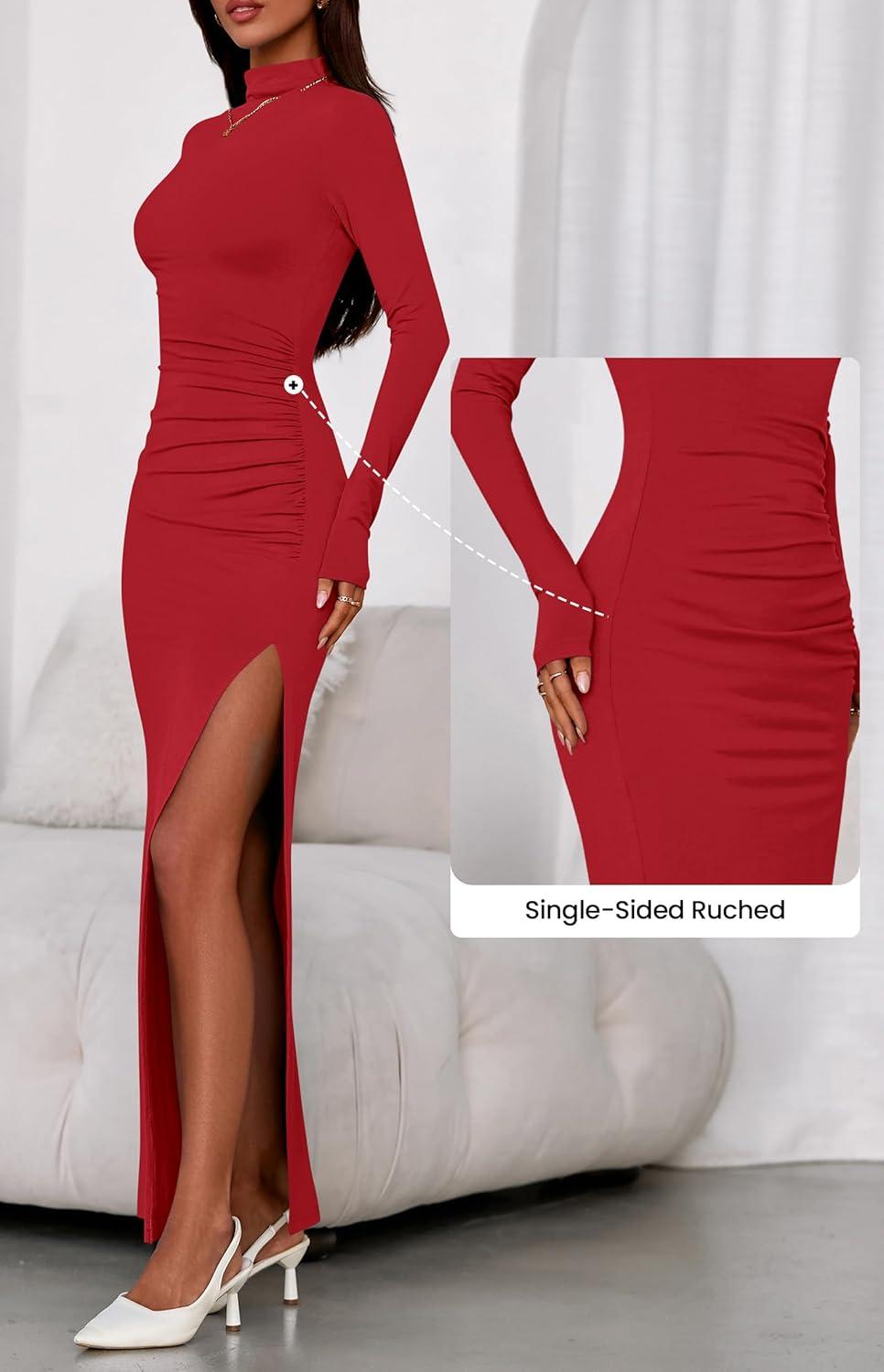 imageBTFBM Formal Dresses for Women 2025 Fall Long Sleeve Mock Neck Ruched Bodycon Slit Maxi Wedding Guest Dress CocktailRed