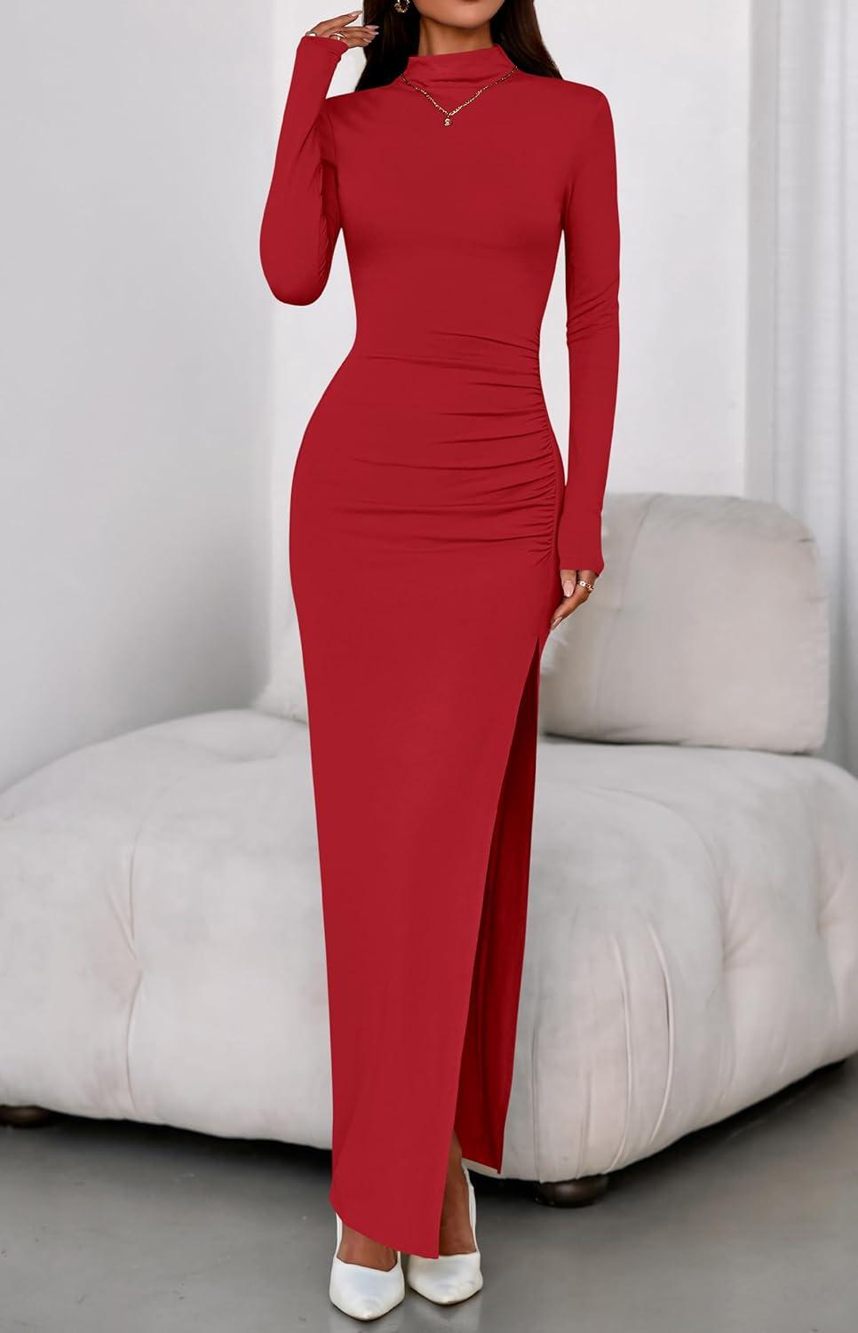 imageBTFBM Formal Dresses for Women 2025 Fall Long Sleeve Mock Neck Ruched Bodycon Slit Maxi Wedding Guest Dress CocktailRed