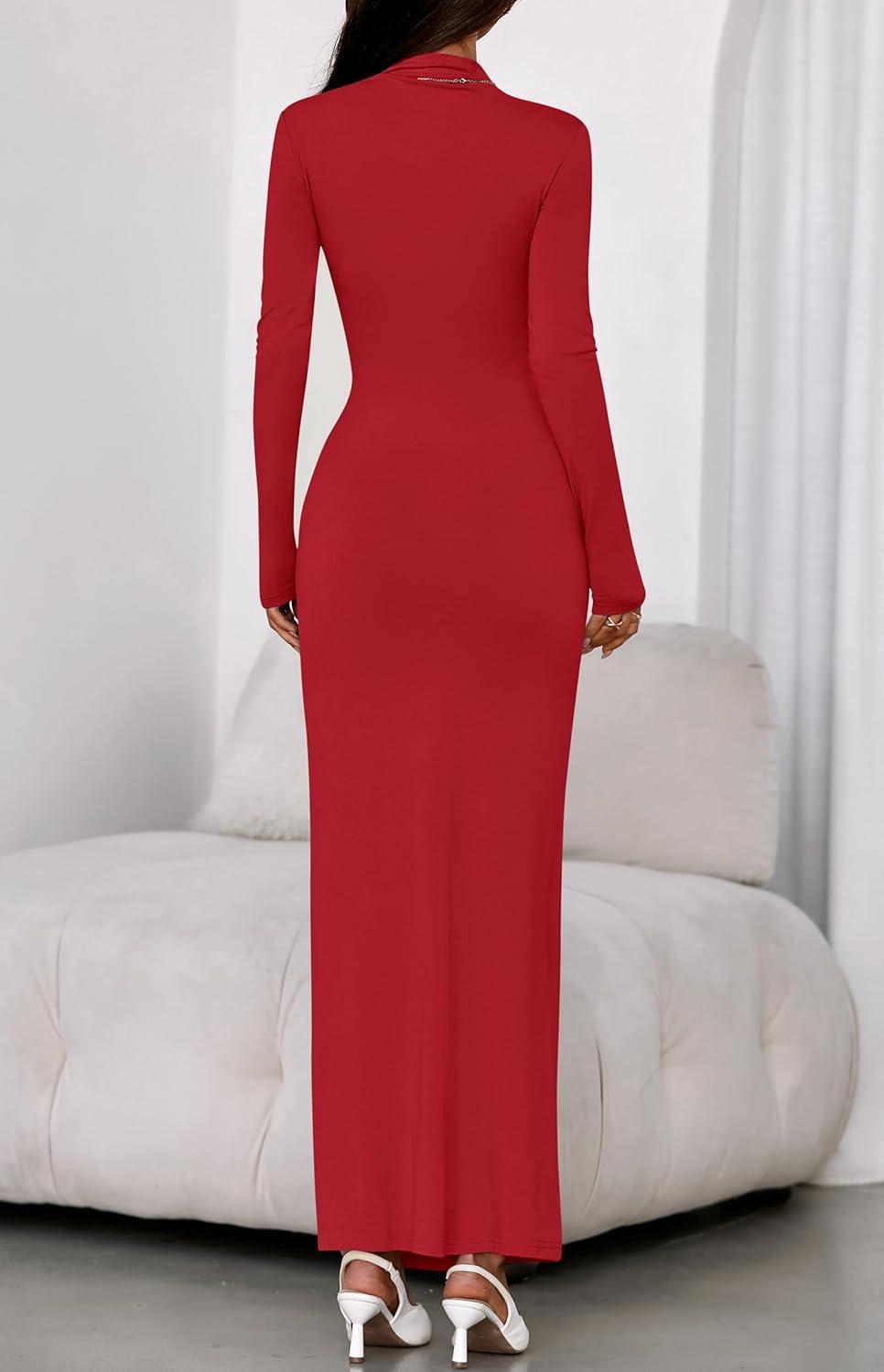 imageBTFBM Formal Dresses for Women 2025 Fall Long Sleeve Mock Neck Ruched Bodycon Slit Maxi Wedding Guest Dress CocktailRed