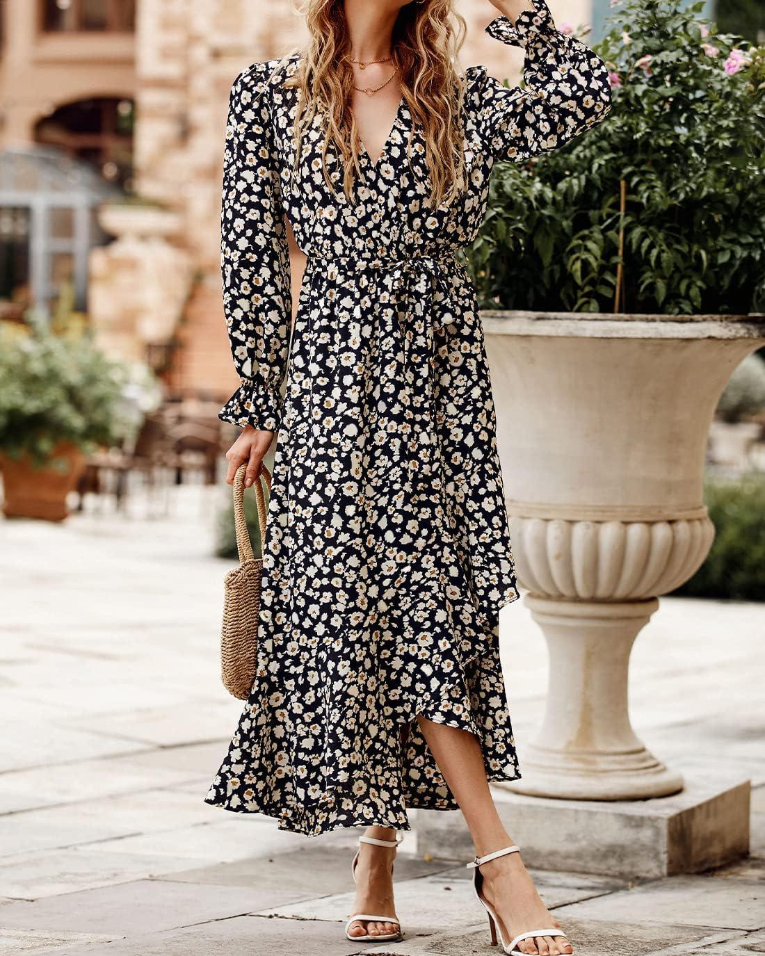 imageBTFBM Womens Dresses Fall Clothes 2025 V Neck Floral High Waist Ruffle Wedding Guest Cocktail Boho Long Sleeve DressBig Floral Black