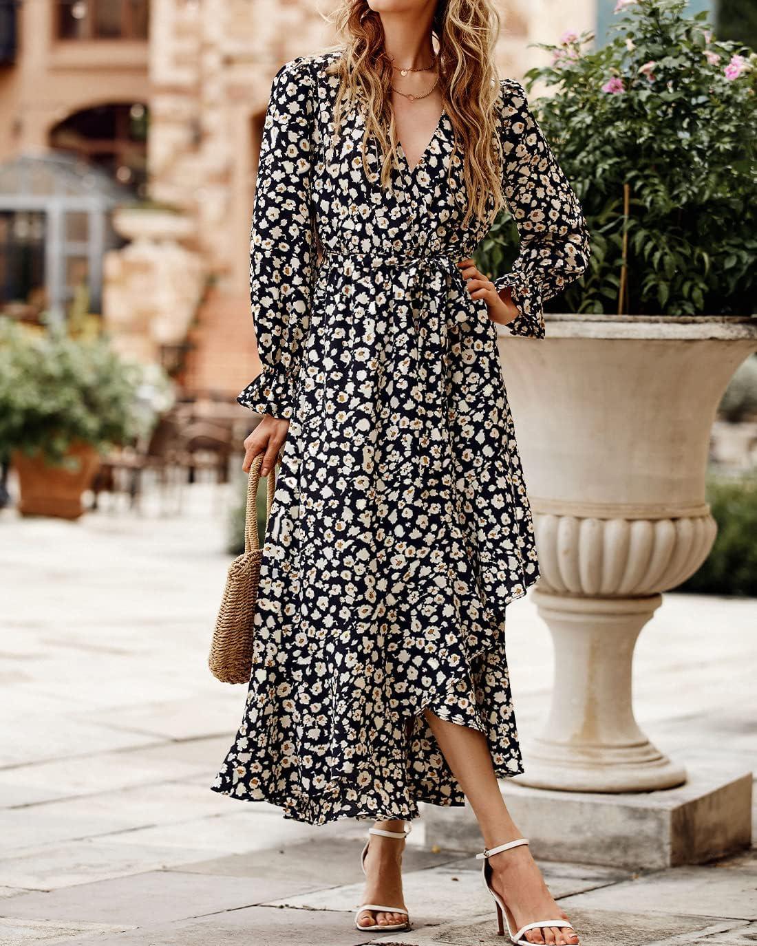 imageBTFBM Womens Dresses Fall Clothes 2025 V Neck Floral High Waist Ruffle Wedding Guest Cocktail Boho Long Sleeve DressBig Floral Black