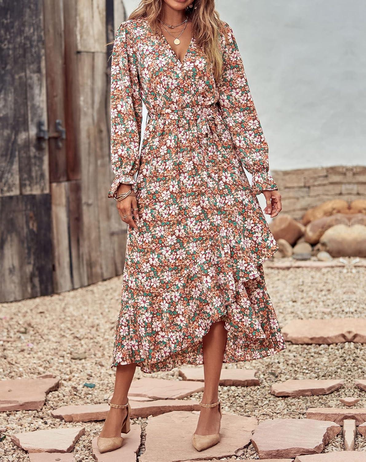 imageBTFBM Womens Dresses Fall Clothes 2025 V Neck Floral High Waist Ruffle Wedding Guest Cocktail Boho Long Sleeve DressBig Floral Brown Green