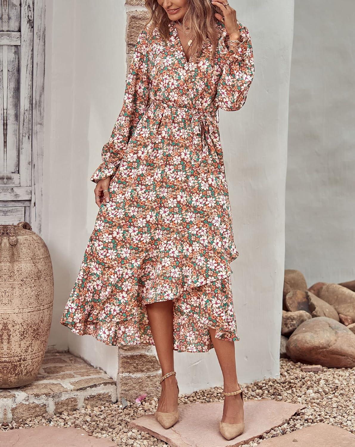 imageBTFBM Womens Dresses Fall Clothes 2025 V Neck Floral High Waist Ruffle Wedding Guest Cocktail Boho Long Sleeve DressBig Floral Brown Green